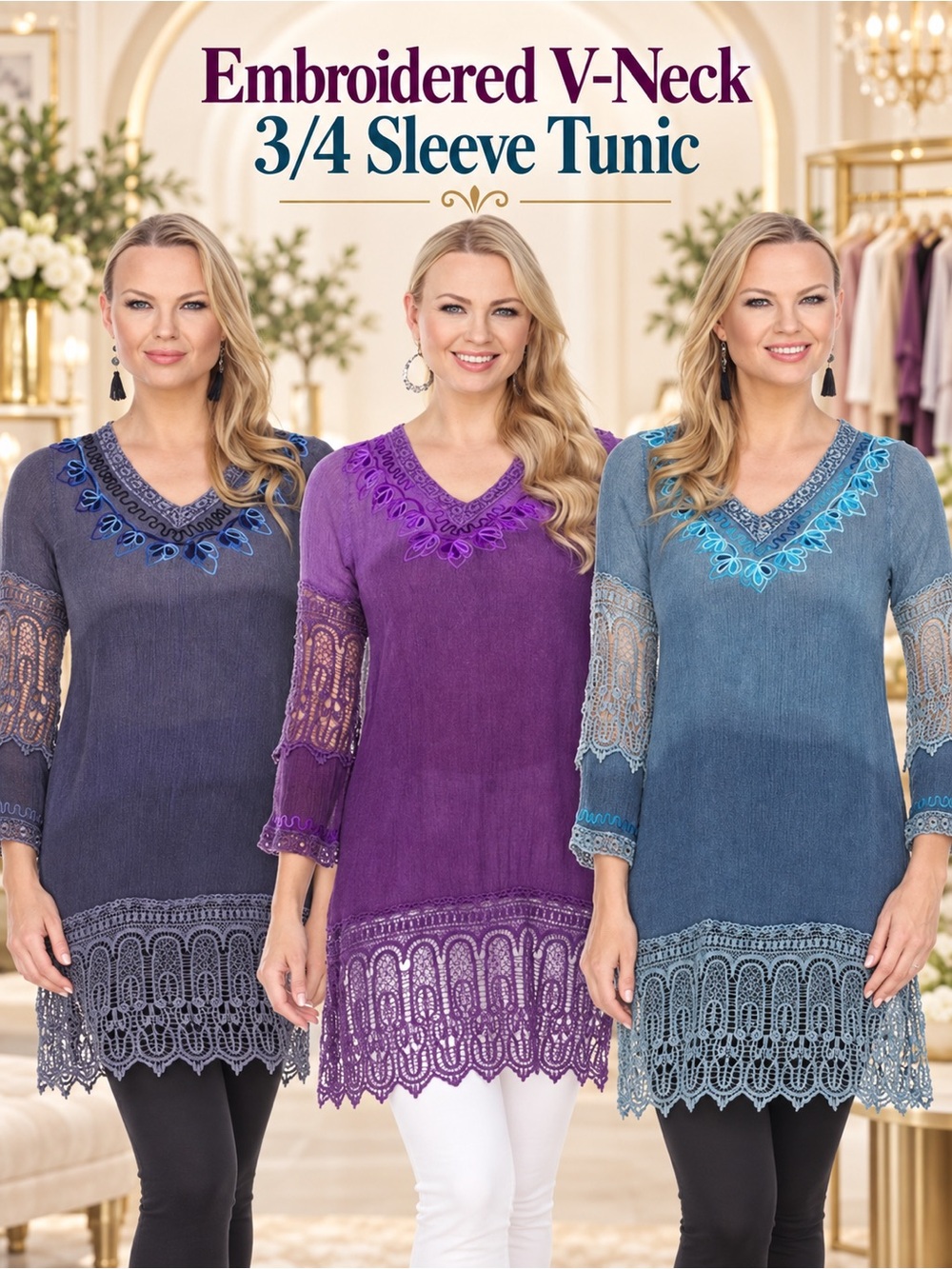 Tunic Embroidered V-Neck 3/4 Sleeve NEW